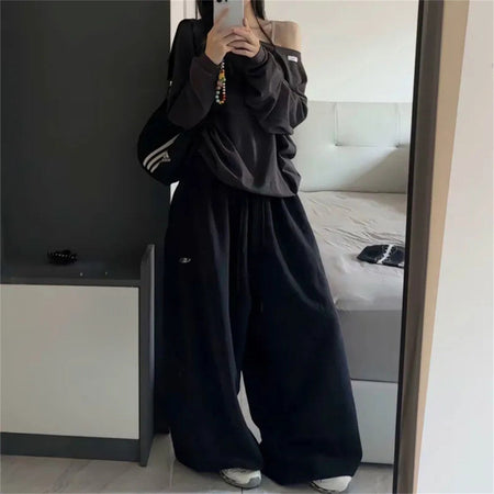 Oversize Woman Grey Black Sweatpants Y2K Korean Streetwear Loose Casual Jogger Pants High Waist All Match Drawstring Trousers
