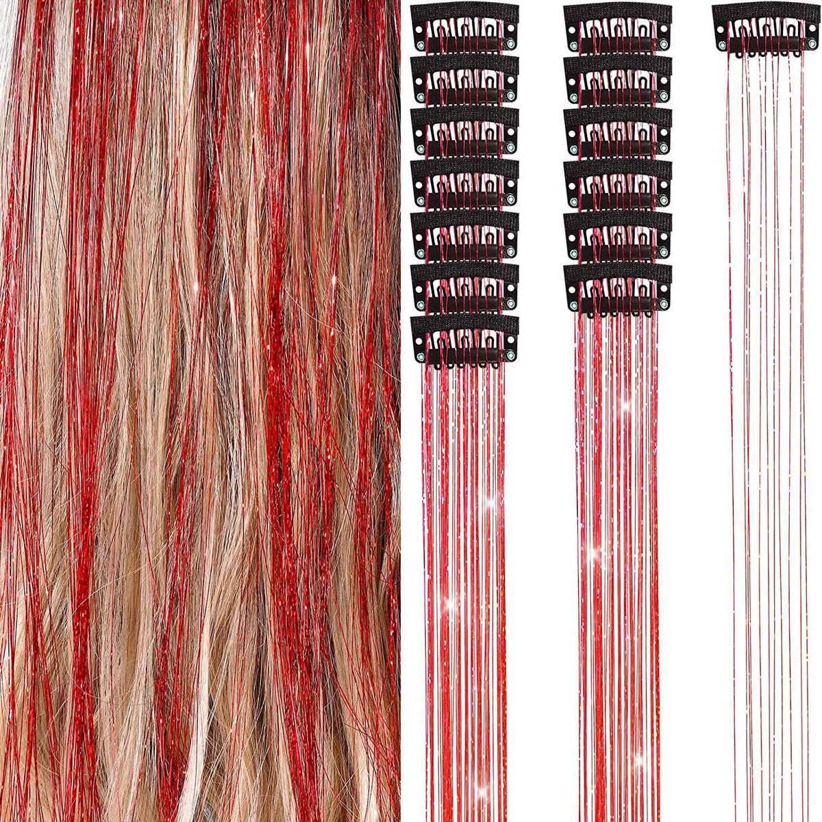 6Pcs 50cm Sparking Shiny Hair Tinsel Hair Extensions Tinsel Synthetic Hair Clip  Extensions Women for Braiding Headdress