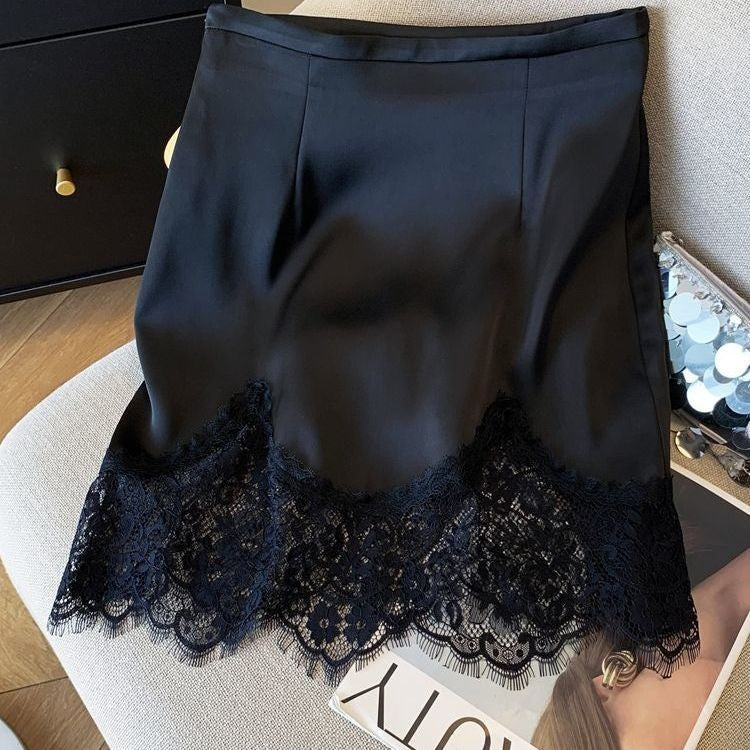 Ladies Fashion Lace Patchwork Satin A-line Skirt Summer High Waist Solid Color Temperament Skirt Women Clothes Simplicity Skirt