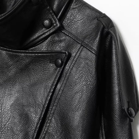 HXAO Faux Leather Jacket Coat Demi-Season Black Bomber Jacket Outerwears Long Sleeve Snap Button Cropped Motorcycle Jacket