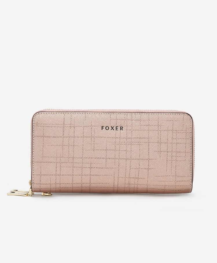 FOXER Split Leather Lady's Wallet Bifold Long Clutch Bag with Wristlet Fashion Card Holder Coin Purse Cellphone Money Bag
