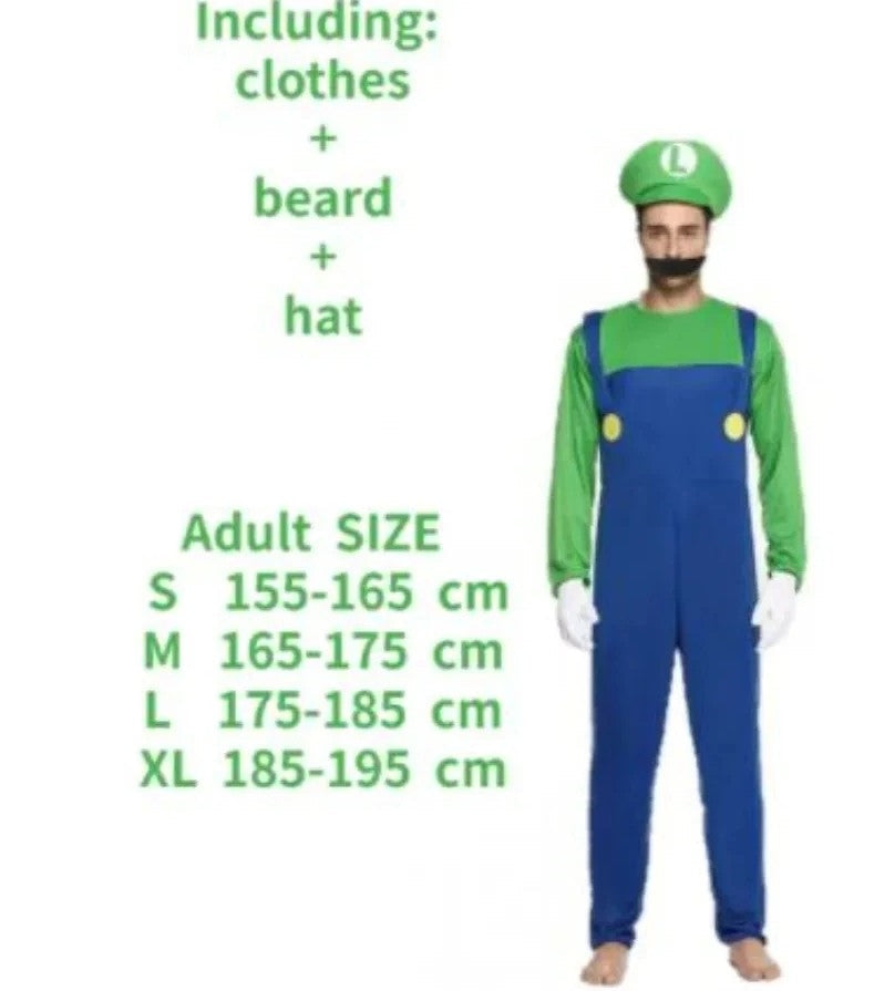 Anime Odyssey Super Luigi Brothers Cosplay Costume  Adult Children's Jumpsuit Beard Hat  Set Halloween Costume