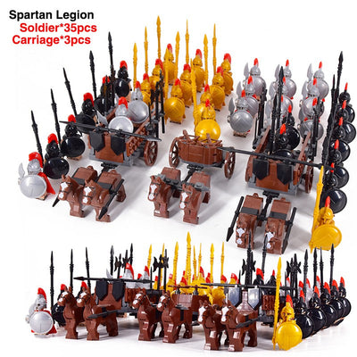 MOC Roman Empire Spartan Army Medieval Soldier Chariot Building Block Bricks Ancient Military War Helmet Toys For Children