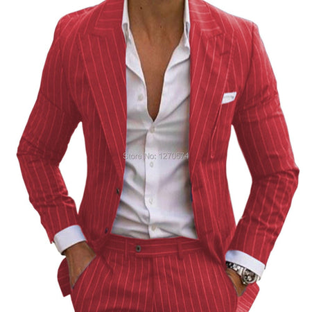 Slim Fit Pinstripe Smoking Suit for Men Peaked Lapel Tuxedo 2-Piece Blazer And Pants Wedding Groomsmen Formal Wear