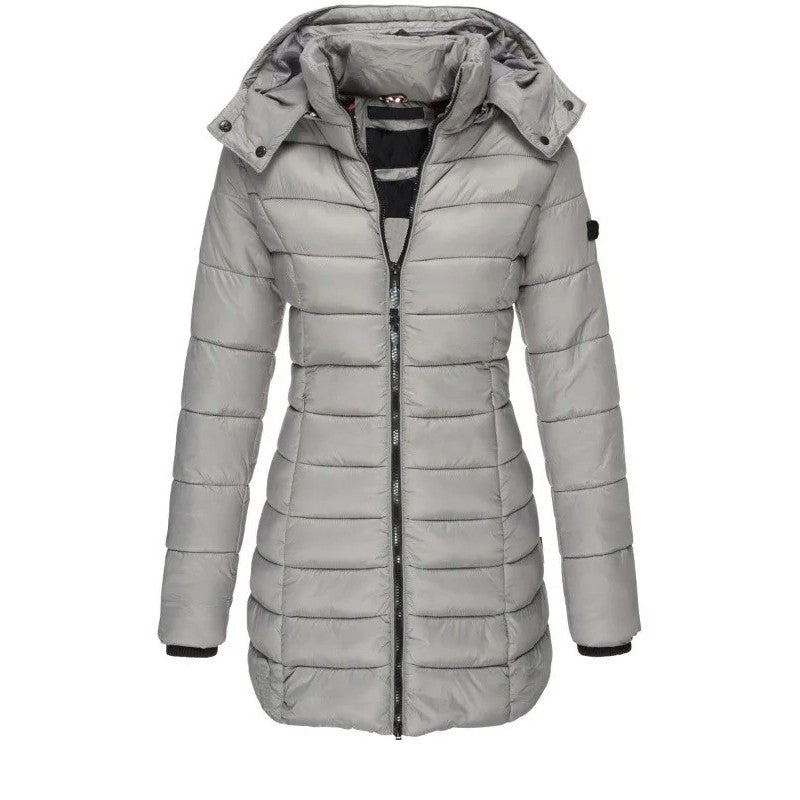 Winter Thicken Warm Women Parkas Solid Color Zippers Coats Long Sleeve Padded Puff Jacket Mid-Length Slim Female Hoodie Parkas