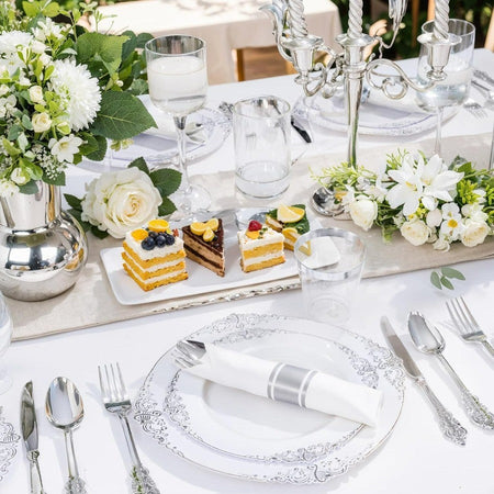 350PCS Silver Plastic Plates and PreRolled Napkins for 50 Guests Disposable Dinnerware Set with 100 Silver Disposable Plates 15