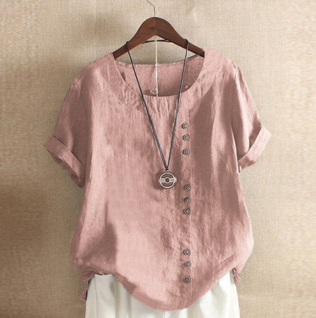 New Summer Women's Plus Size Shirt O-neck Cotton and Linen Loose Casual Ethnic Style Elegant Casual White Pink Top for Women
