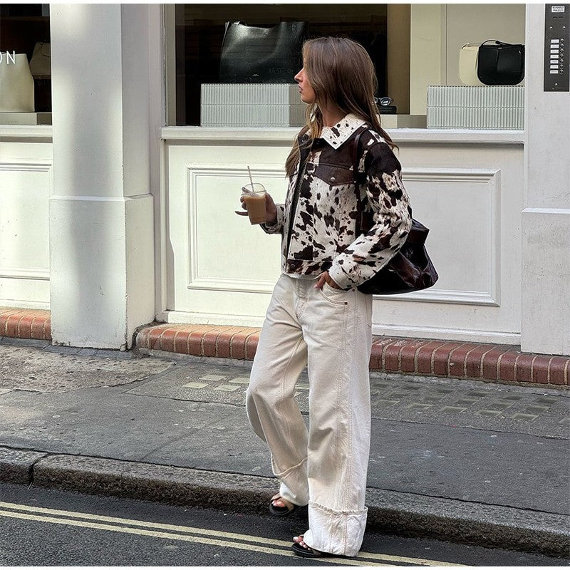 Fashion Women's Cow Print Jacket Lapel Collar Short Length Zipper Button Coats 2025 Autumn Winter Female Trendy Warm Outerwear