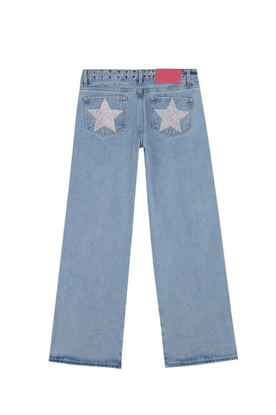 Y2K Women's Straight Leg Jeans Personalized Lucky Star Texture Retro Baggy Jeans Stylish High Street Willow Nail Low Waist Jeans