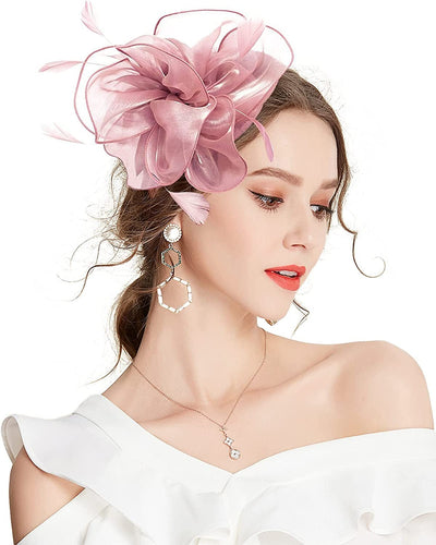 New Women's Organza Fascinators Feather Flower Kentucky Derby Hat Headdress Pillbox Hat for Wedding Tea Party Headwewar Clips