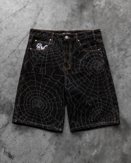 2025 New Street Hip-hop Retro Spider Web Fashion Loose Denim Shorts Men American Harajuku Y2K Casual Punk Straight Pants Women
