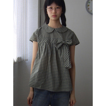 Vintage Plaid Shirts Women Japanese Harajuku Bow Peter Pan Collar Blouses Summer Korean Aesthetic Short Sleeve Casual Tops New