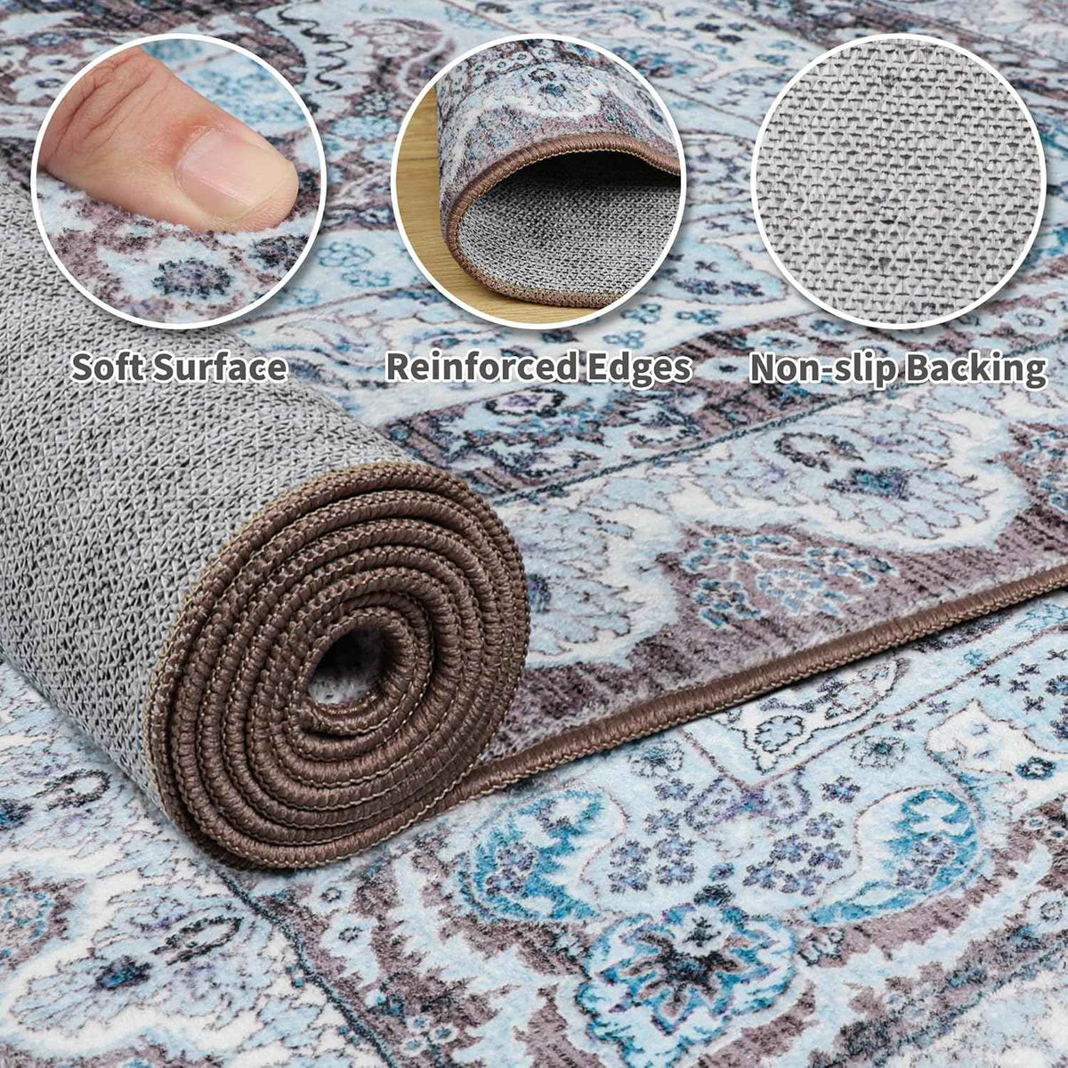 Area Rugs for Living Room, Machine Washable Vintage Rug, Non-Slip Low Pile Throw Rugs with Rubber Backing Washable Carpet
