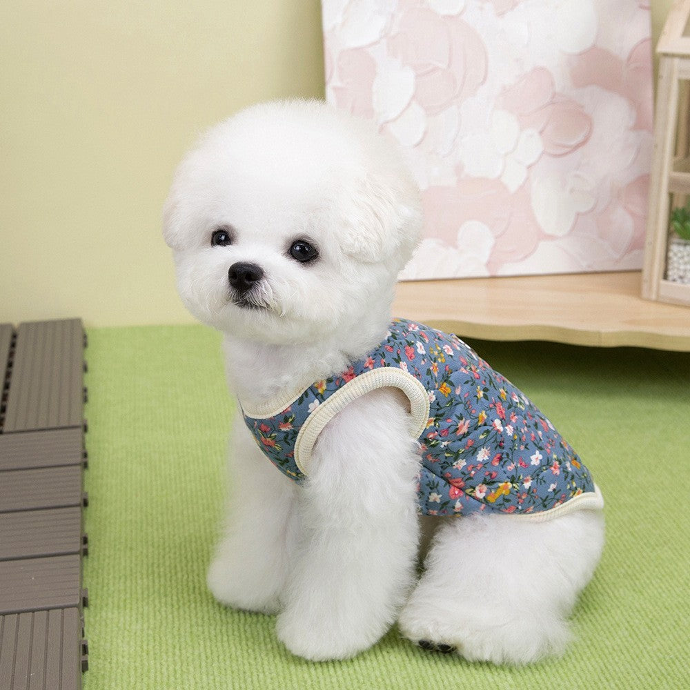 S-2XL Autumn Winter Pet Dog Fleece Vest Pink/Blue Warm Floral Print Vest Cat Clothes For Small Medium Dogs Cats