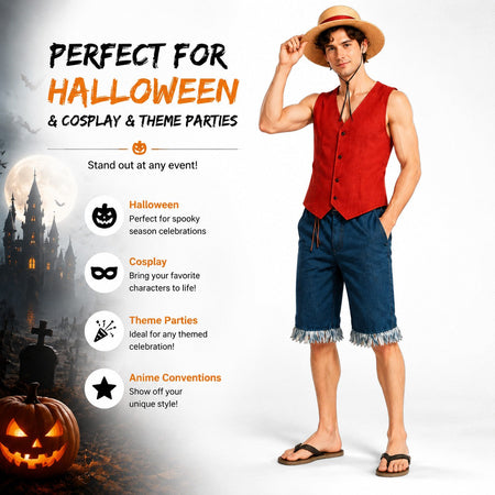 Monkey D Luffy Cosplay Costume for Men Adult Anime Outfit Halloween Party Red Vest Shorts Straw Hat Rope Set