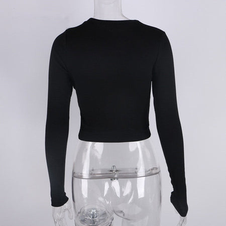 O Neck Long Sleeve Shirt Women Ribbed Sexy Cropped Tops 2024 Spring Black Casual Skinny Slim Basic Woman T Shirts White