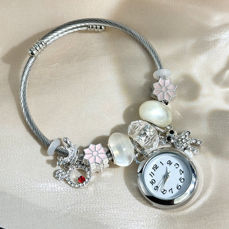 Cross-border Gold Bracelet Watch Adjustable opening Alloy bracelet Quartz Watch Beaded Small flower bracelet Watch