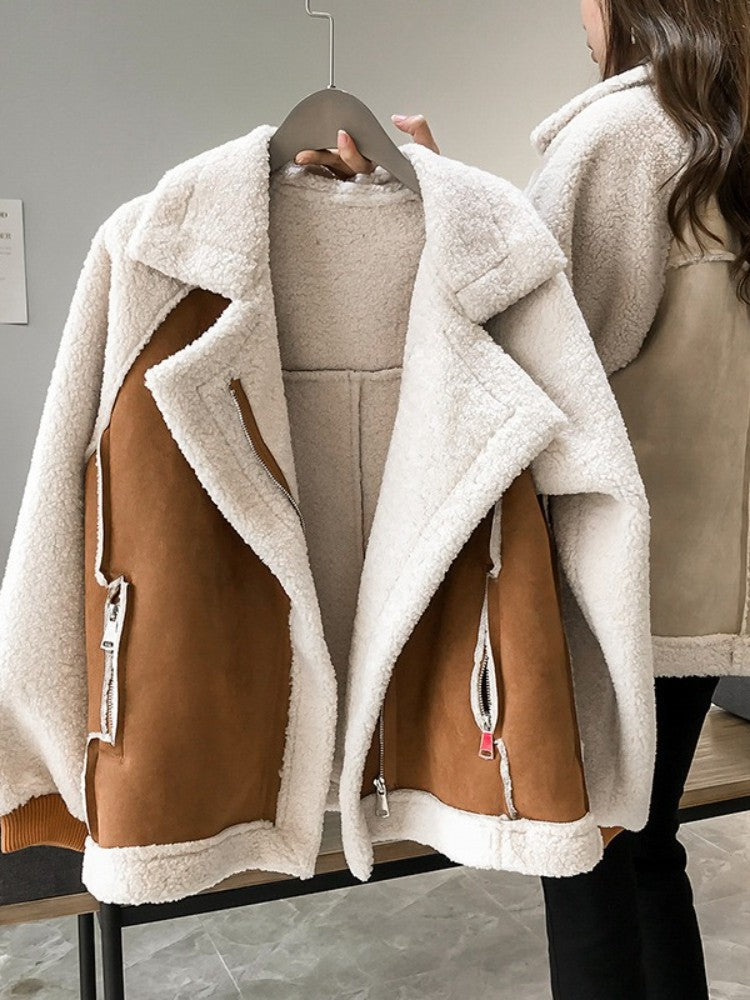 Autumn Winter New in Loose Retro Fur Integrated Suede Jacket Women's Short Casual Warm Lamb Fleece Motorcycle Jacket Tops