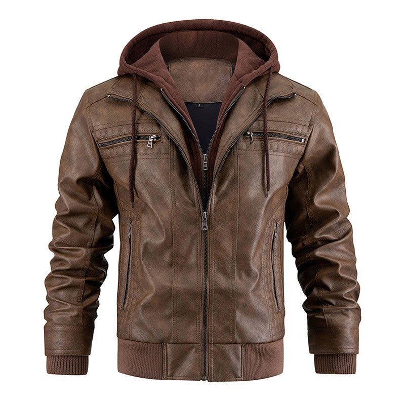 Men's PU Leather Jacket Hooded Motorcycle Slim Fit Casual Coats Men Autumn Winter Windproof Hat Detachable Biker Leather Outwear