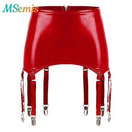Womens Garters Latex Skirts Ladies Suspender Belt Wet Look Patent Leather Mini Skirts Garters with Metal Clips Clubwear Costume