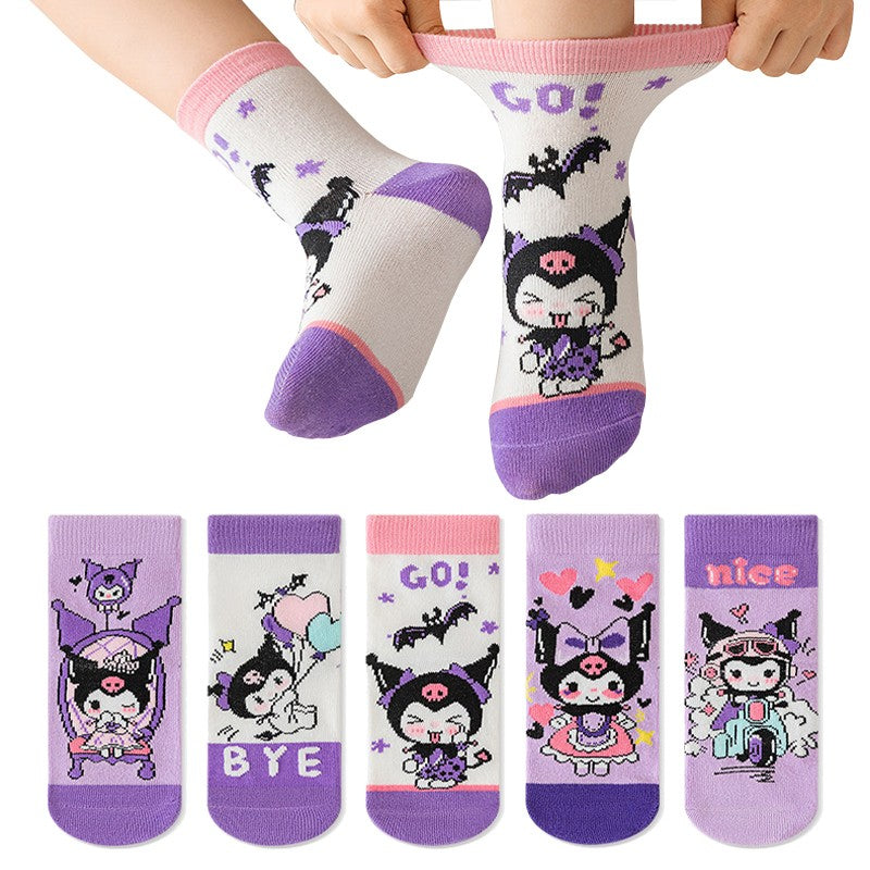 5Pairs Sanrio Cinnamoroll Kuromi Kawaii Spring and Autumn Cartoon Middle Tube Socks For Girls Boy Children Mid-calf Cotton Socks