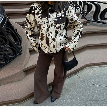 Fashion Women's Cow Print Jacket Lapel Collar Short Length Zipper Button Coats 2025 Autumn Winter Female Trendy Warm Outerwear