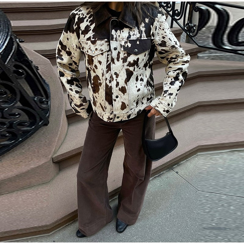 Fashion Women's Cow Print Jacket Lapel Collar Short Length Zipper Button Coats 2025 Autumn Winter Female Trendy Warm Outerwear