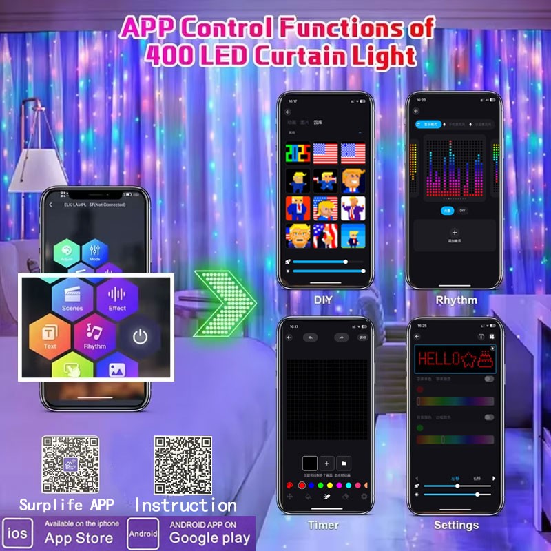 Led Smart Curtain Lights New year's garland App RGB Fairy Lights DIY Music Change Display for Window Christmas Room Decoration