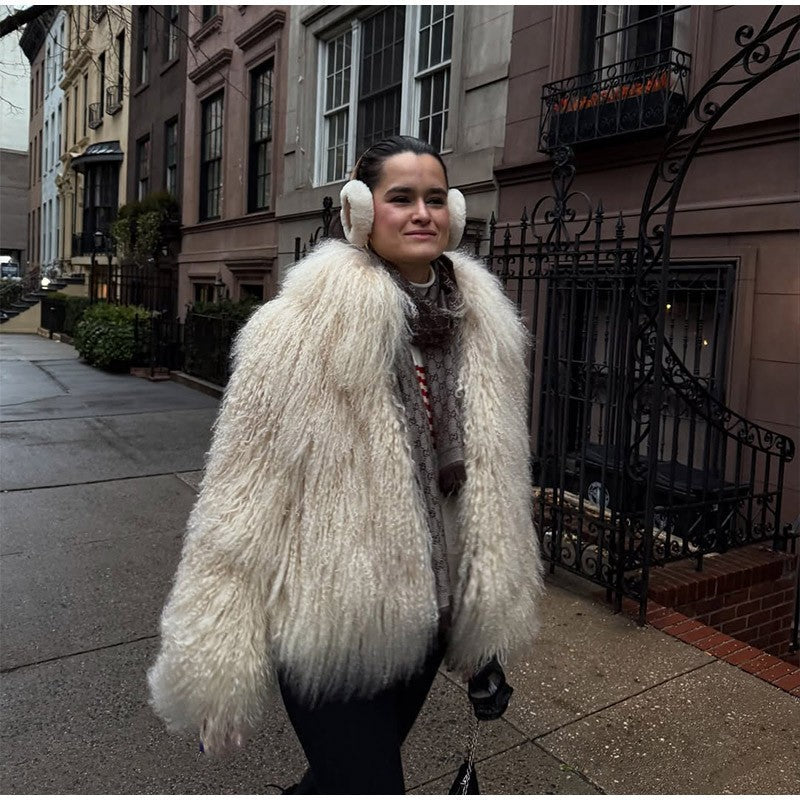 Fashion Solid Plush Faux Fur Coat Women Elegant Warm Long Sleeves Loose Jacket 2025 Lady Winter Chic High Street Outerwear ?