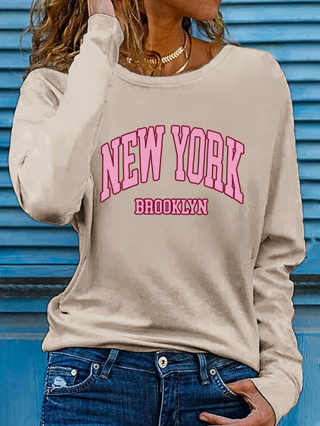 Women's autumn and winter 100% pure cotton fashionable casual Brooklyn New York printed loose round neck long sleeved T-shirt