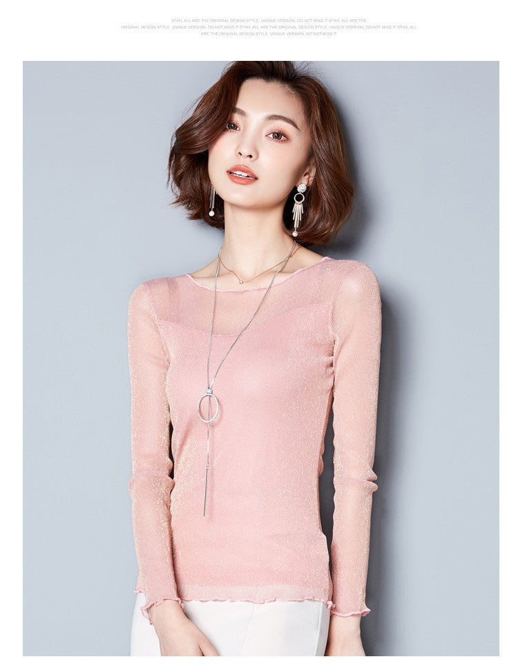 2025 Glitter Mesh Blouse Sexy Womens Shirts Long Sleeve Tops Korean Black Pink O-Neck Elegant Slim Blouse Camisas Femininas