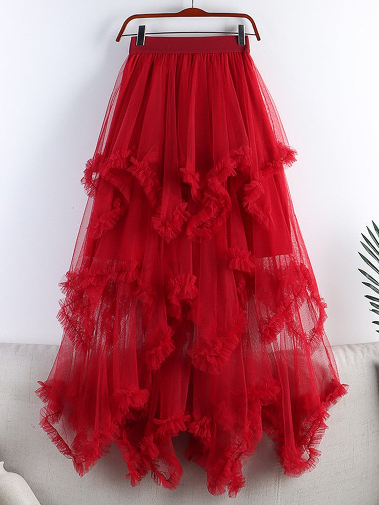 TIGENA Tutu Tulle Long Skirt for Women 2023 New Summer Korean Aesthetic Cute Irregular Mesh High Waist Maxi Skirt Female Purple