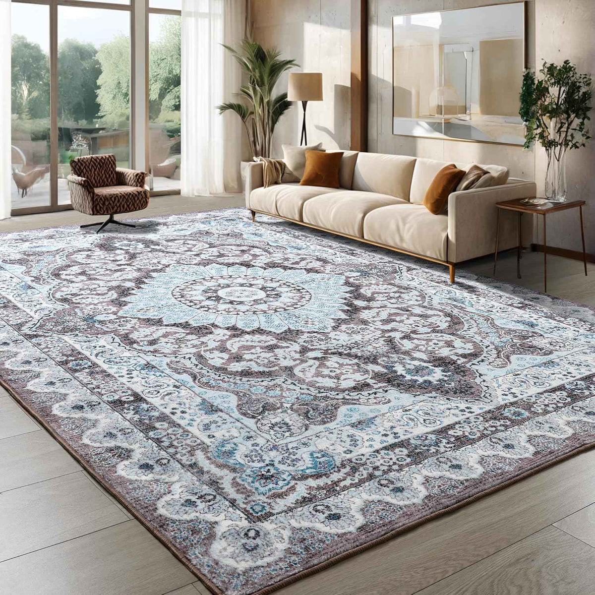 Area Rugs for Living Room, Machine Washable Vintage Rug, Non-Slip Low Pile Throw Rugs with Rubber Backing Washable Carpet