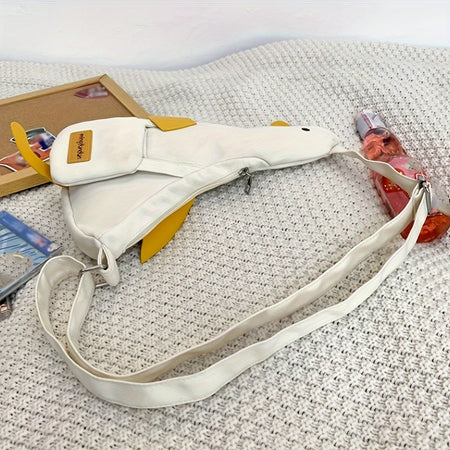 Beige and white new cute duck shape canvas bag student chest bag shoulder bag trend funny cartoon crossbody bag 1 outfit