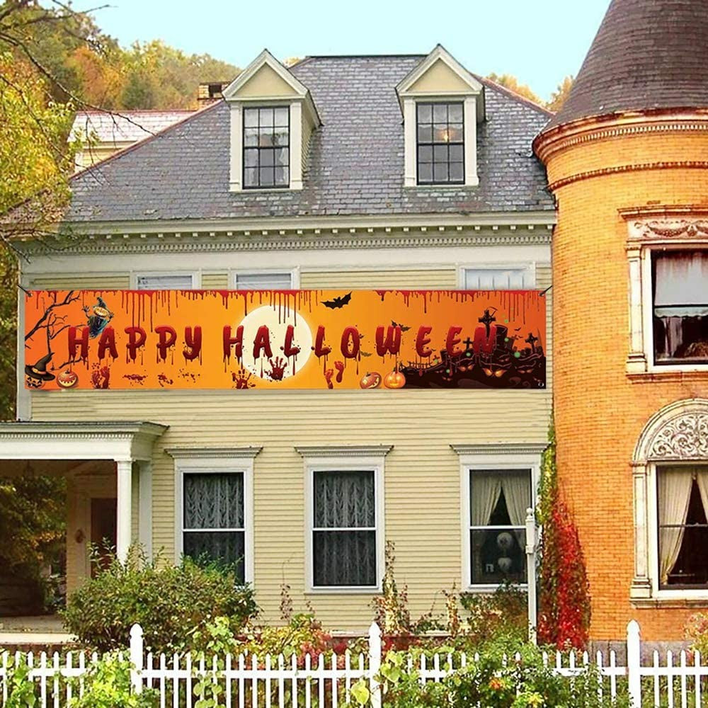 Happy Halloween Banner 250cm Long Hanging Halloween Banner with Pumpkin Terror Bloody Handprint Decor for Yard Indoor Outdoor