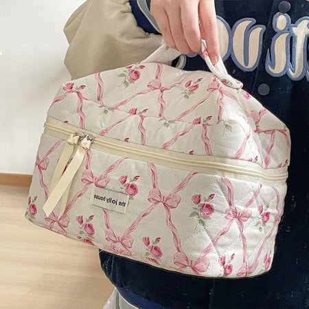 Cute Bow Flower Cloth Handbag Quilting Cotton Makeup Bag Women Zipper Cosmetic Organizer Portable Toiletry Case for Girls