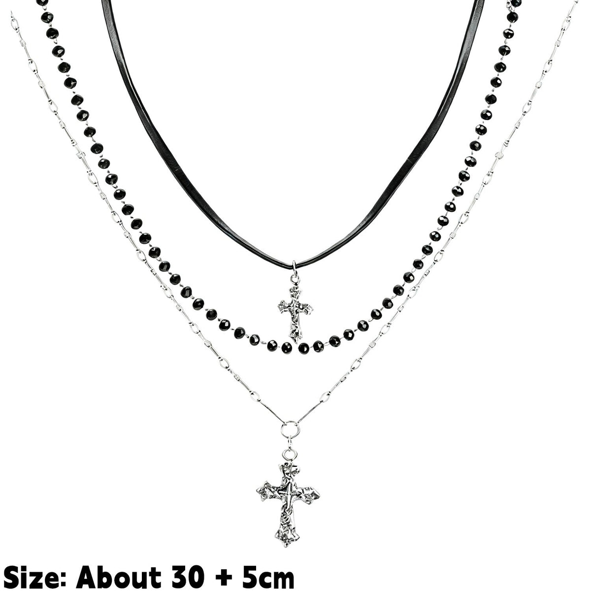 Gothic Punk Y2K Black Cross Pendant Necklace for Women Men 2025 Vintage Multi Layer Bead Necklaces 90s EMO Charm Jewelry Gifts
