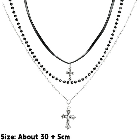 Gothic Punk Y2K Black Cross Pendant Necklace for Women Men 2025 Vintage Multi Layer Bead Necklaces 90s EMO Charm Jewelry Gifts