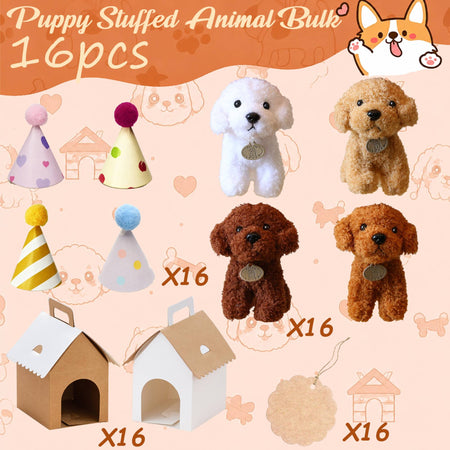 8-36Pcs Puppy Stuffed Animals Bulk Adopt A Puppy Party Favors with Card Hat Paper Boxes Birthday Stuffed Dogs Keychain for Kids
