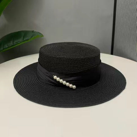 2024 Summer French Elegant Beach Straw Hats for Women Visor Fitted Hat Brim Jazz Travel Pearl Female Casual Panama Hat Suncap