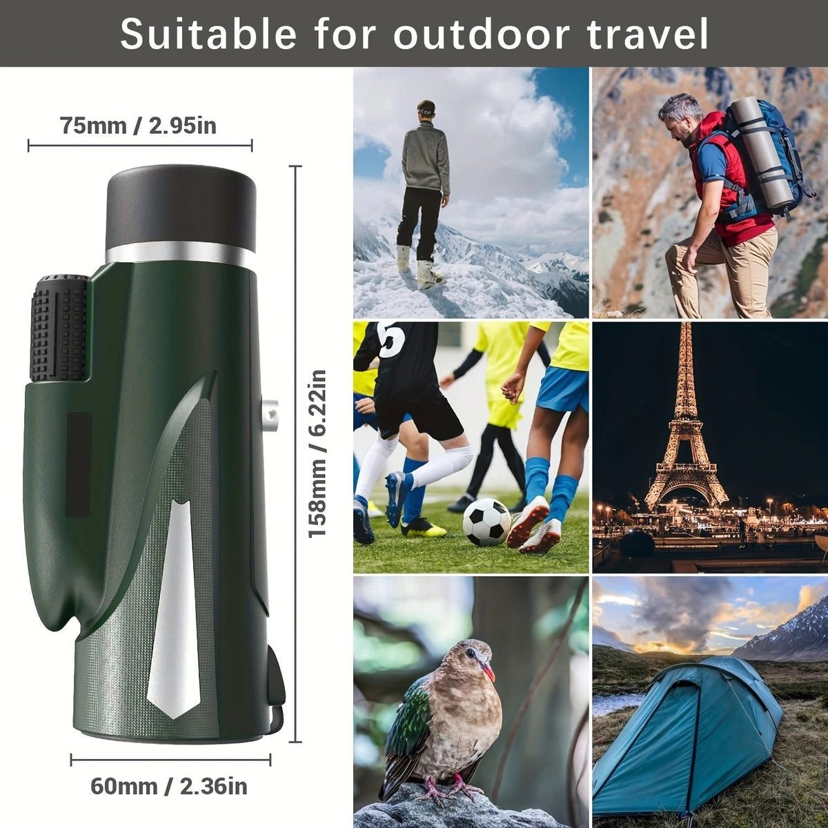 10X monocular telescope, paired with a phone tripod and fixture, used for outdoor bird watching, hiking, camping, traveling, lea