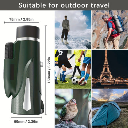 10X monocular telescope, paired with a phone tripod and fixture, used for outdoor bird watching, hiking, camping, traveling, lea