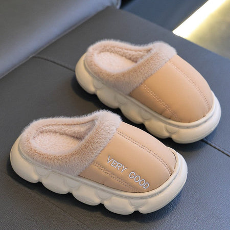 New Children's PU Leather Plush Slippers Soft Sole Non-slip Winter Warm Baby Boys Girls Indoor Home Cotton Shoes