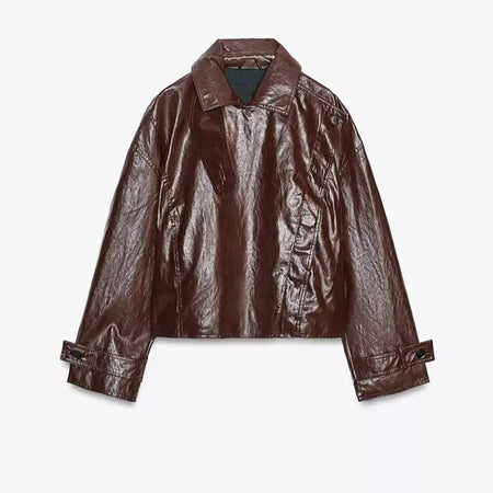 Street Stand Collar Women's Leather Jacket Loose Long Sleeve Zipper Pockets Chic Female Coats 2025 Autumn Winter Lady Outerwear