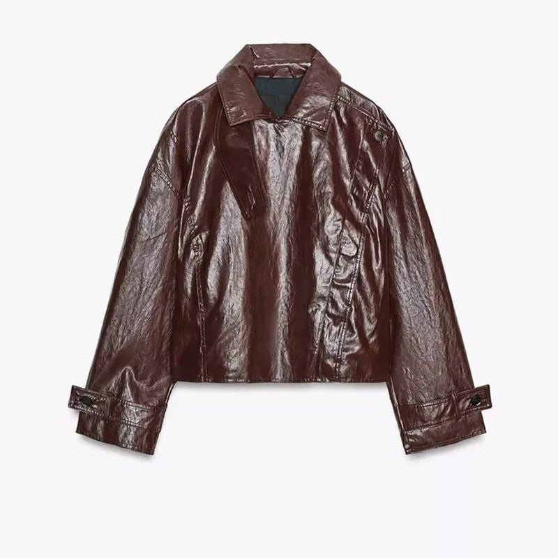 Street Stand Collar Women's Leather Jacket Loose Long Sleeve Zipper Pockets Chic Female Coats 2025 Autumn Winter Lady Outerwear