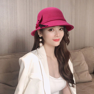 2022 Autumn Winter Fedoras Women Hat Elegant Vintage Bowknot Wool Ladies Hat Dome Felt Wedding Church Jazz Cap Female Bow Bowler
