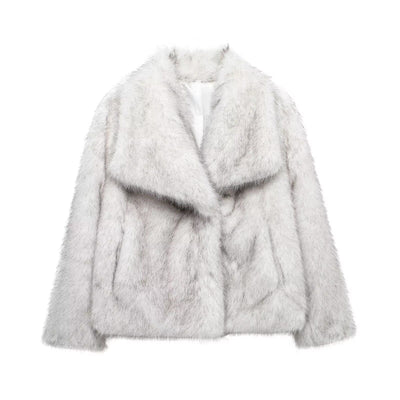 HH 2025 Vintage Women Cropped Faux Fur Jacket Long Sleeve Turn-Down Collar Female Plush Wool Coats Chic Lady Fur Outerwear