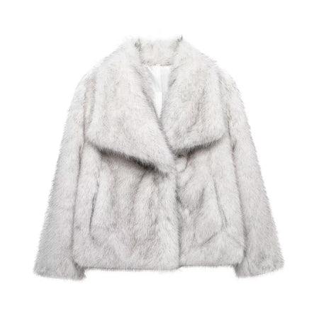 HH 2025 Vintage Women Cropped Faux Fur Jacket Long Sleeve Turn-Down Collar Female Plush Wool Coats Chic Lady Fur Outerwear