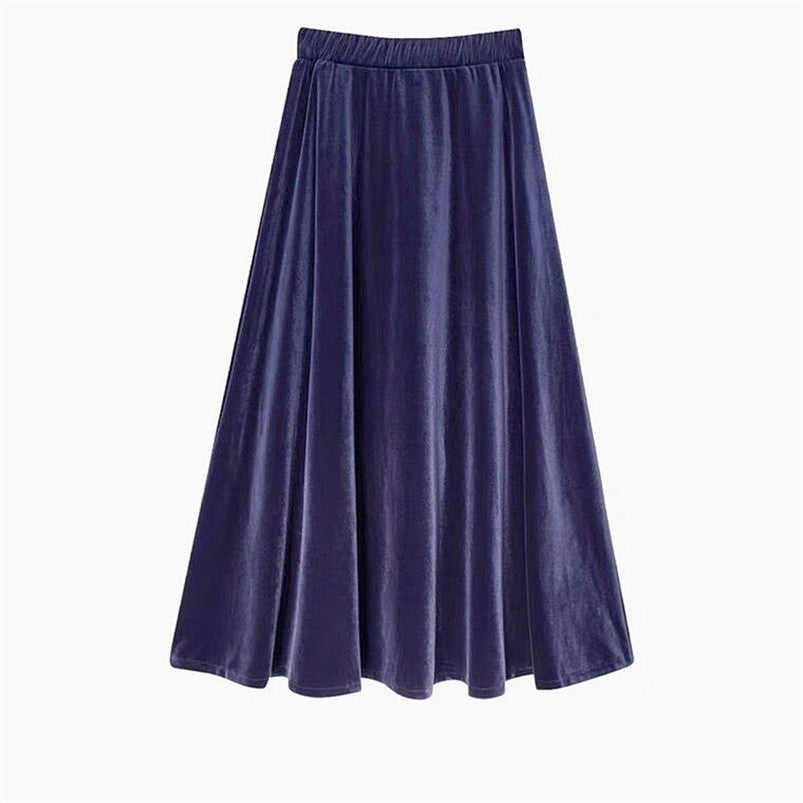 French Style Black Velvet Skirt For Women High Waist A-Line Velour Skirts Spring Autumn Simple High Street Long Skirts Plus Size