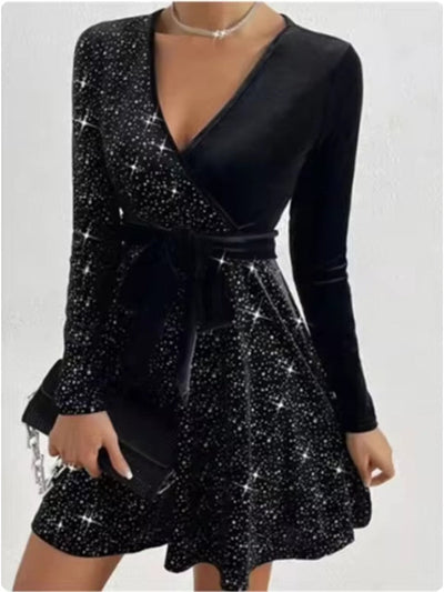 Women's V-neck Sexy Long Sleeved Sequined Solid Color Dress High Street Fashion Elegant Party Evening Dresses